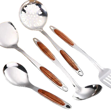 ChefStyle Stainless Steel Kitchen Utensil Set – 5-Piece Durable Cooking Tools with Wooden Spoon